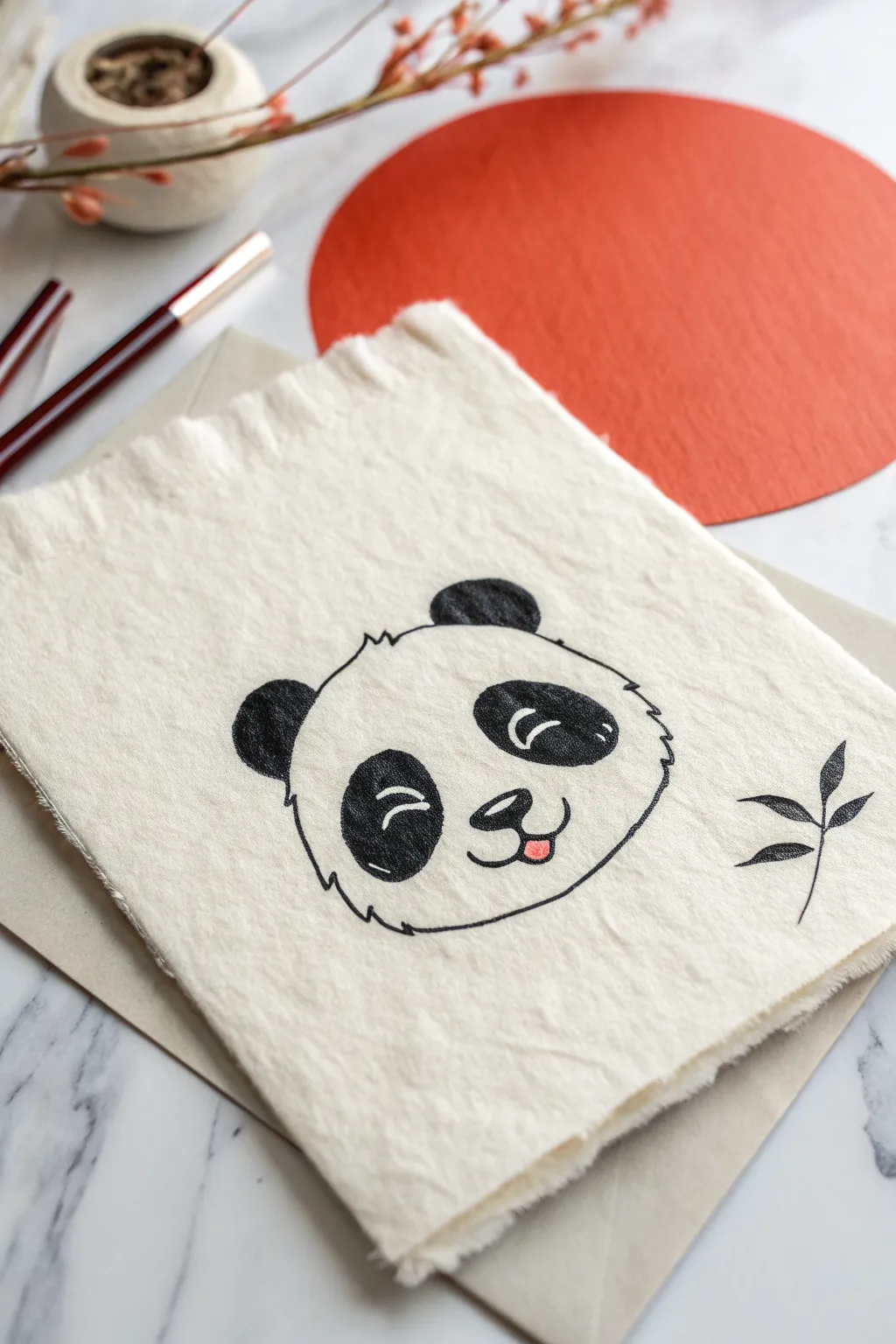 Winking panda face doodle with a cheeky smile, minimal lines and a bold boho color pop.