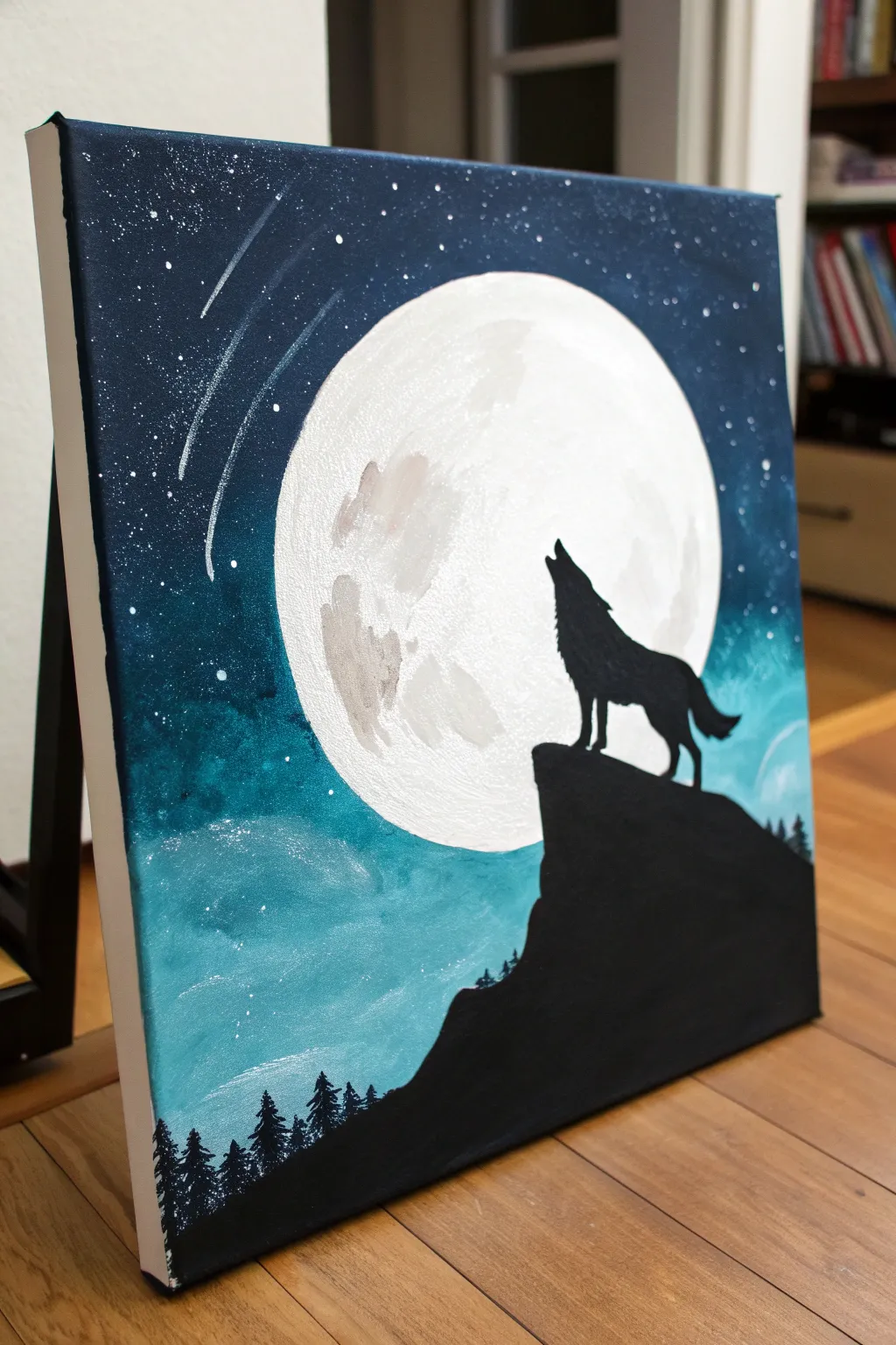 Simple dark painting idea: wolf silhouette on a cliff with a glowing moon for bold contrast.