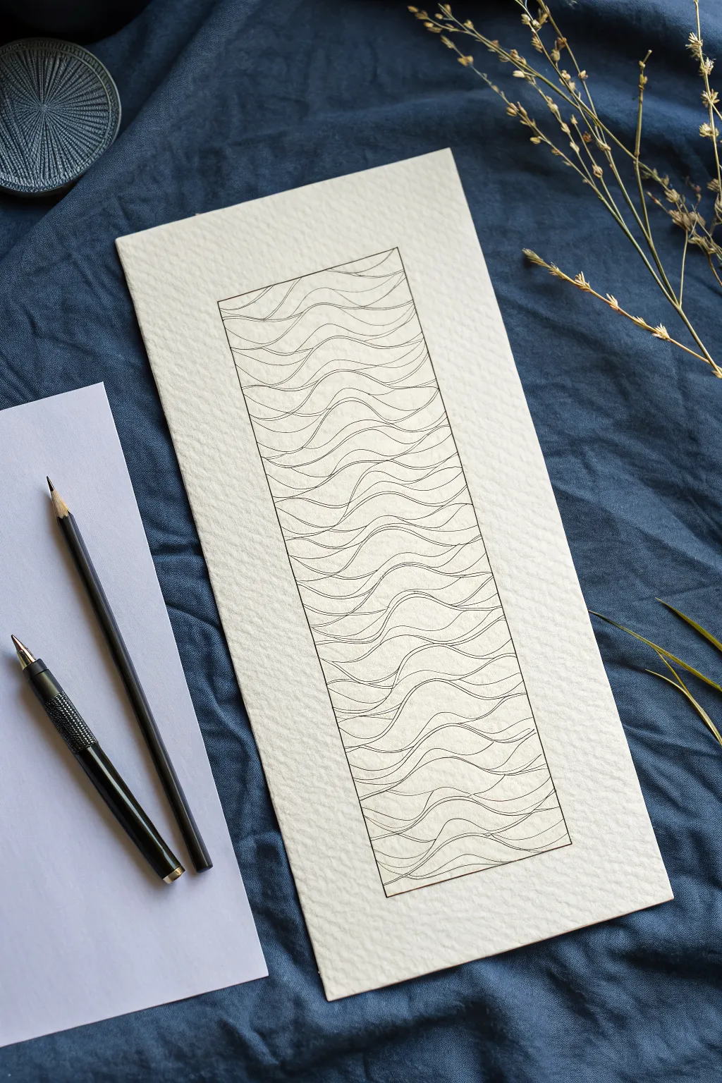 Minimal ocean waves in a rectangle frame, perfect simple doodle idea for calming line art