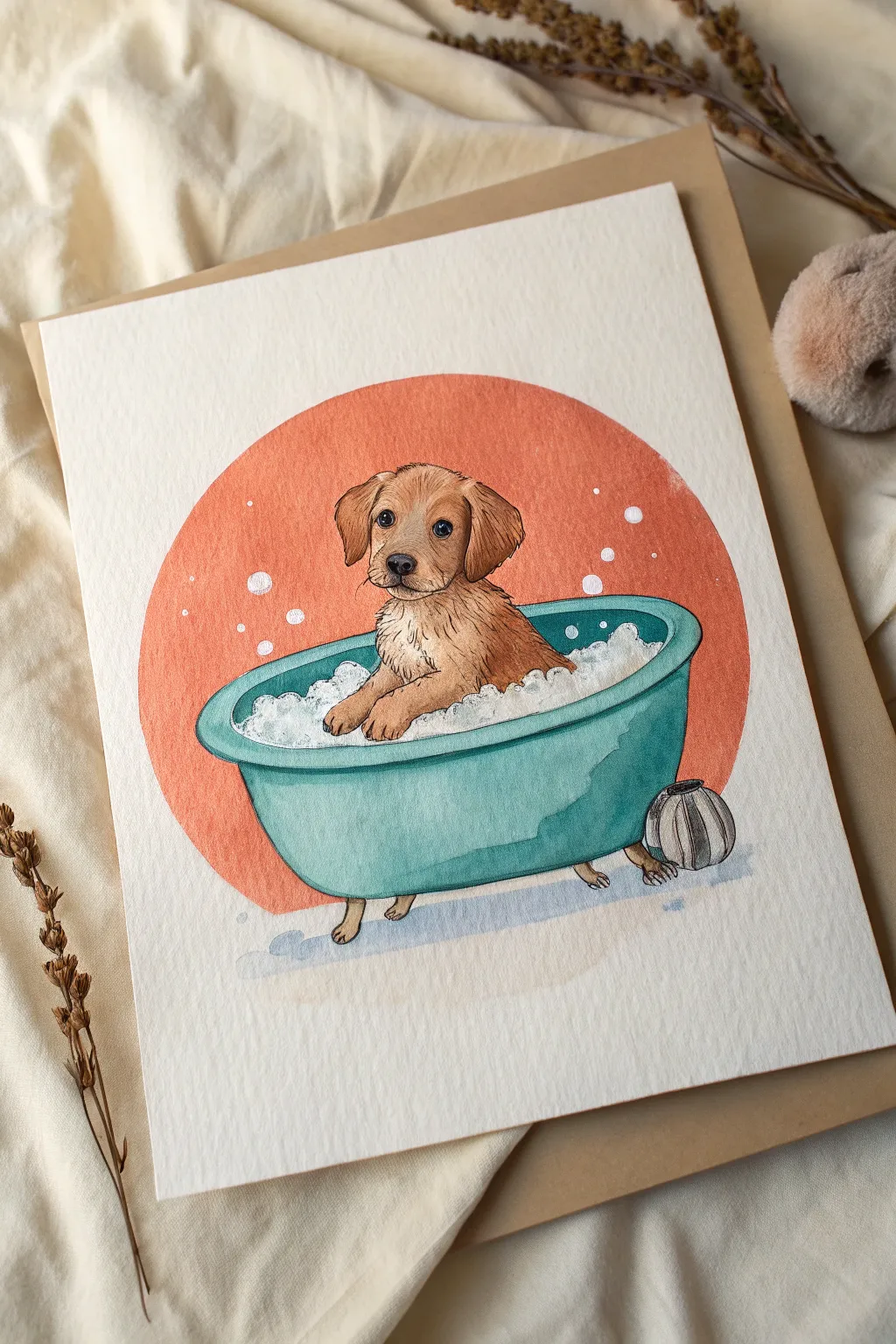 Minimal puppy bubble bath painting idea with bold teal tub and fluffy white bubbles