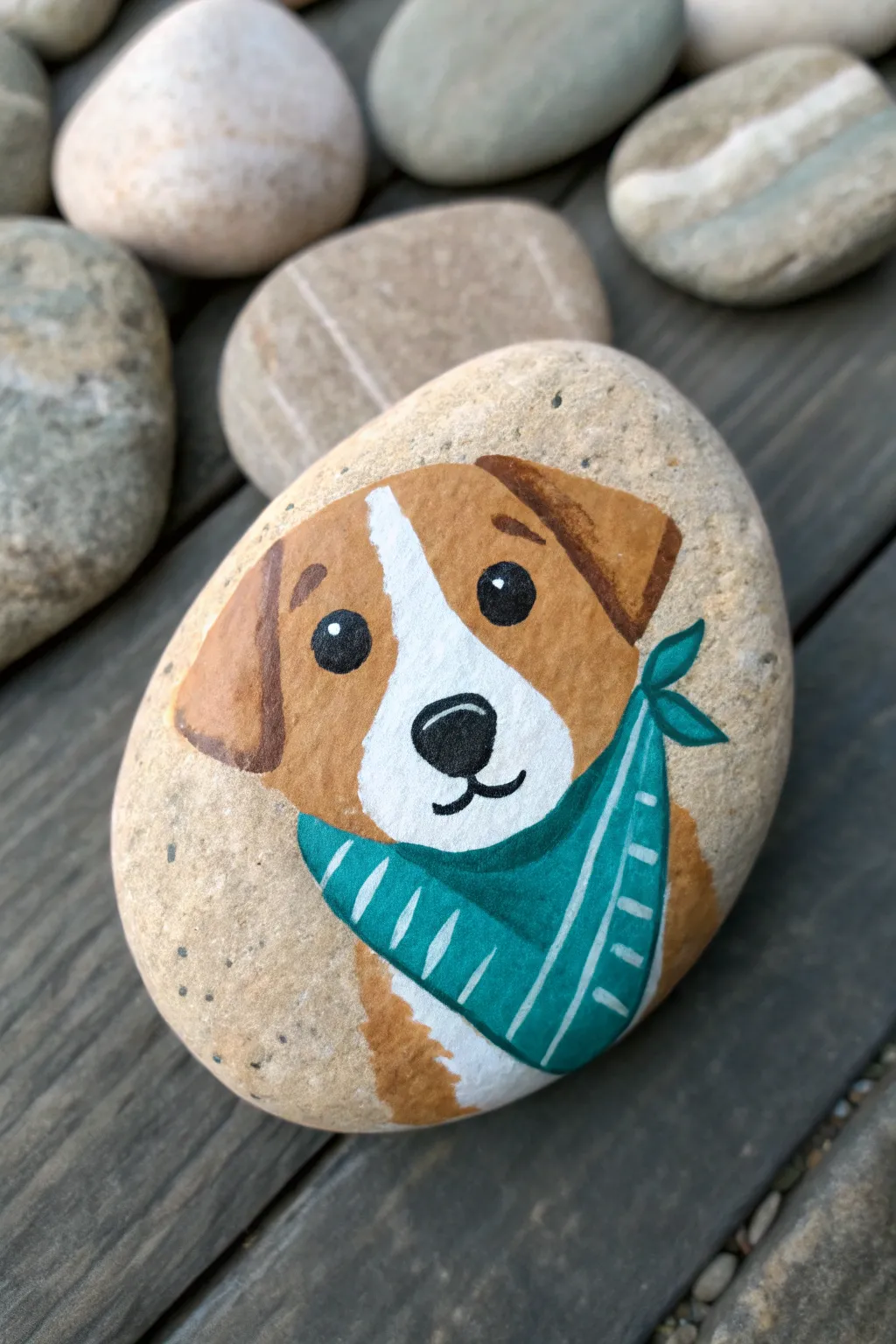 Minimalist dog rock with bold teal bandana, a charming and easy DIY rock painting idea