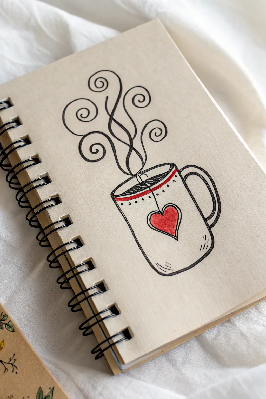 Cozy mug doodle with dreamy steam swirls and a tiny heart, clean lines and bold color pop.