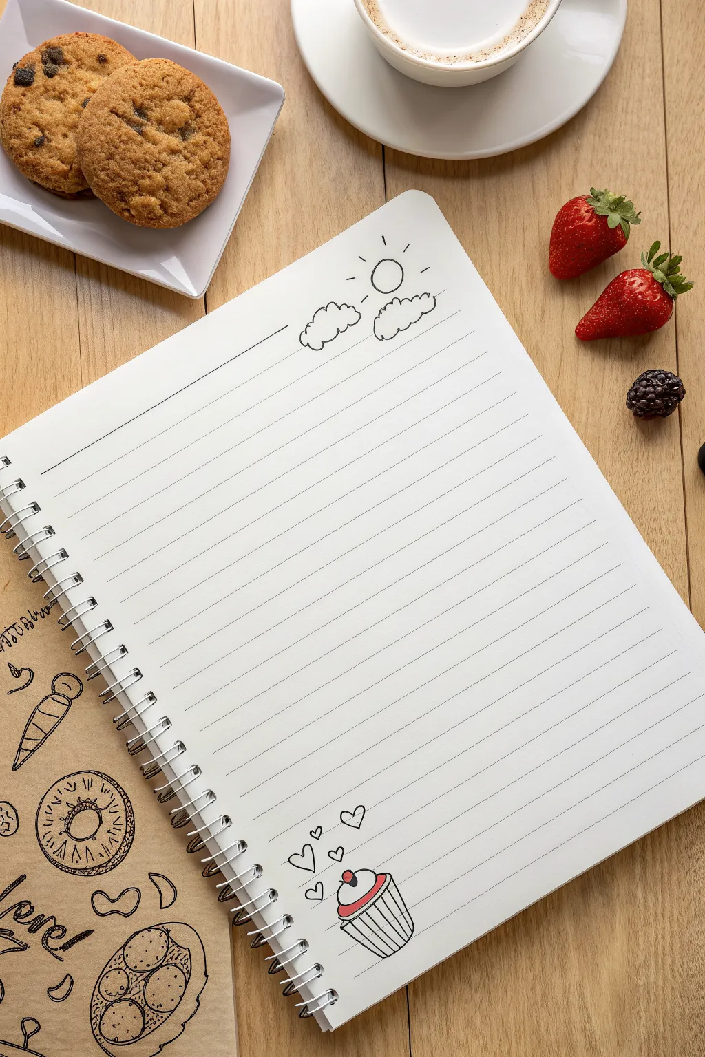 Snack doodles to daydream through lunch: cookie, donut, strawberry, and cup icons.
