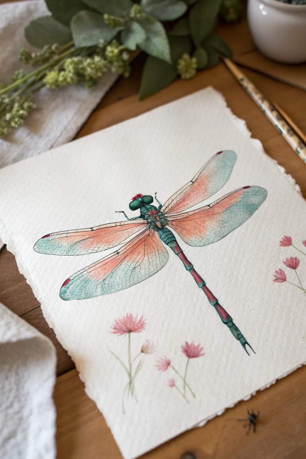 Translucent dragonfly wings in watercolor with delicate linework and a soft wash backdrop