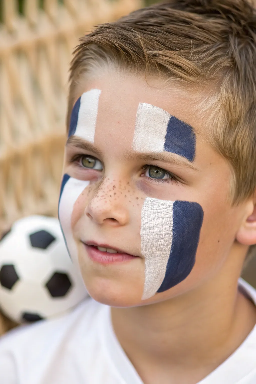 Soccer-ready face paint: crisp under-eye stripes and a tiny cheek ball that pops in photos.
