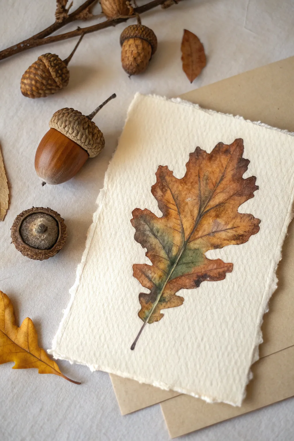 Easy fall painting idea: acorn and oak leaf mini still life in warm earthy watercolor tones