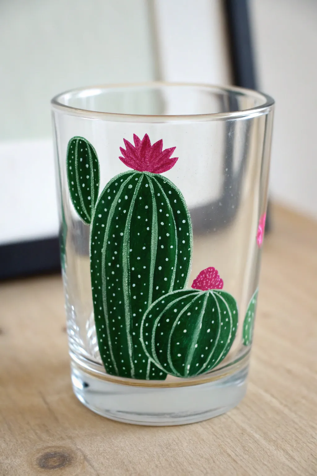 Easy cactus stipple glass painting on a clear tumbler, minimal boho vibe and bold color pop.