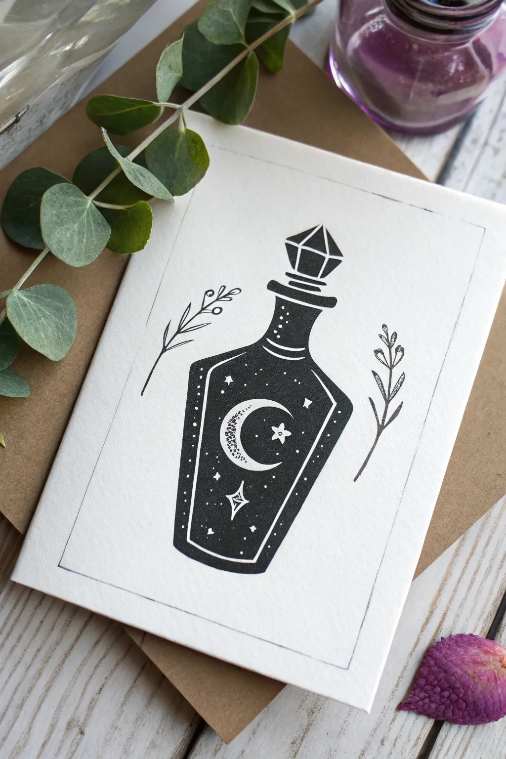 Minimal goth potion bottle with smoky swirls, high-contrast lines and witchy elegance
