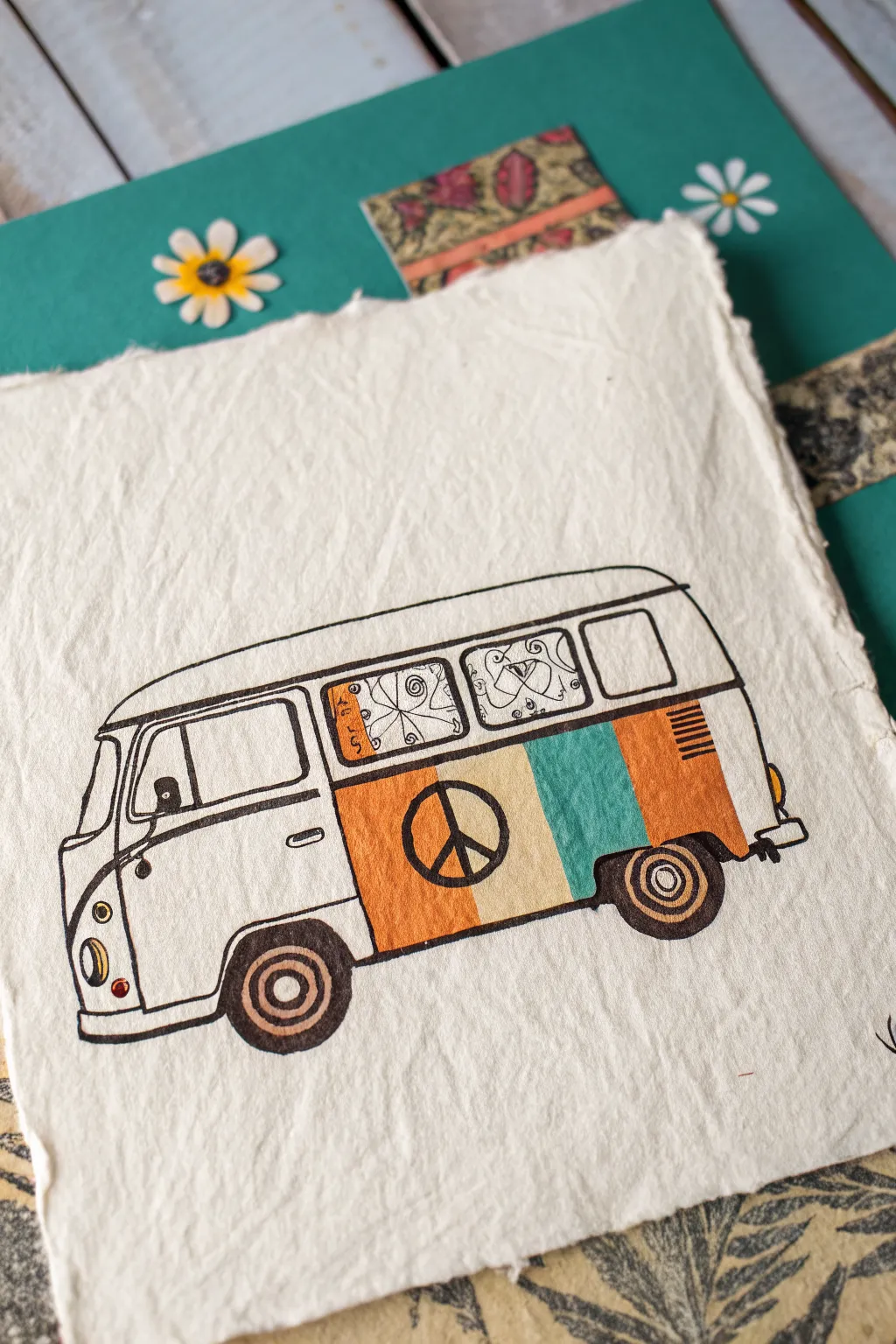 Easy side-view hippie van drawing idea with peace sign and flower, minimalist boho vibes