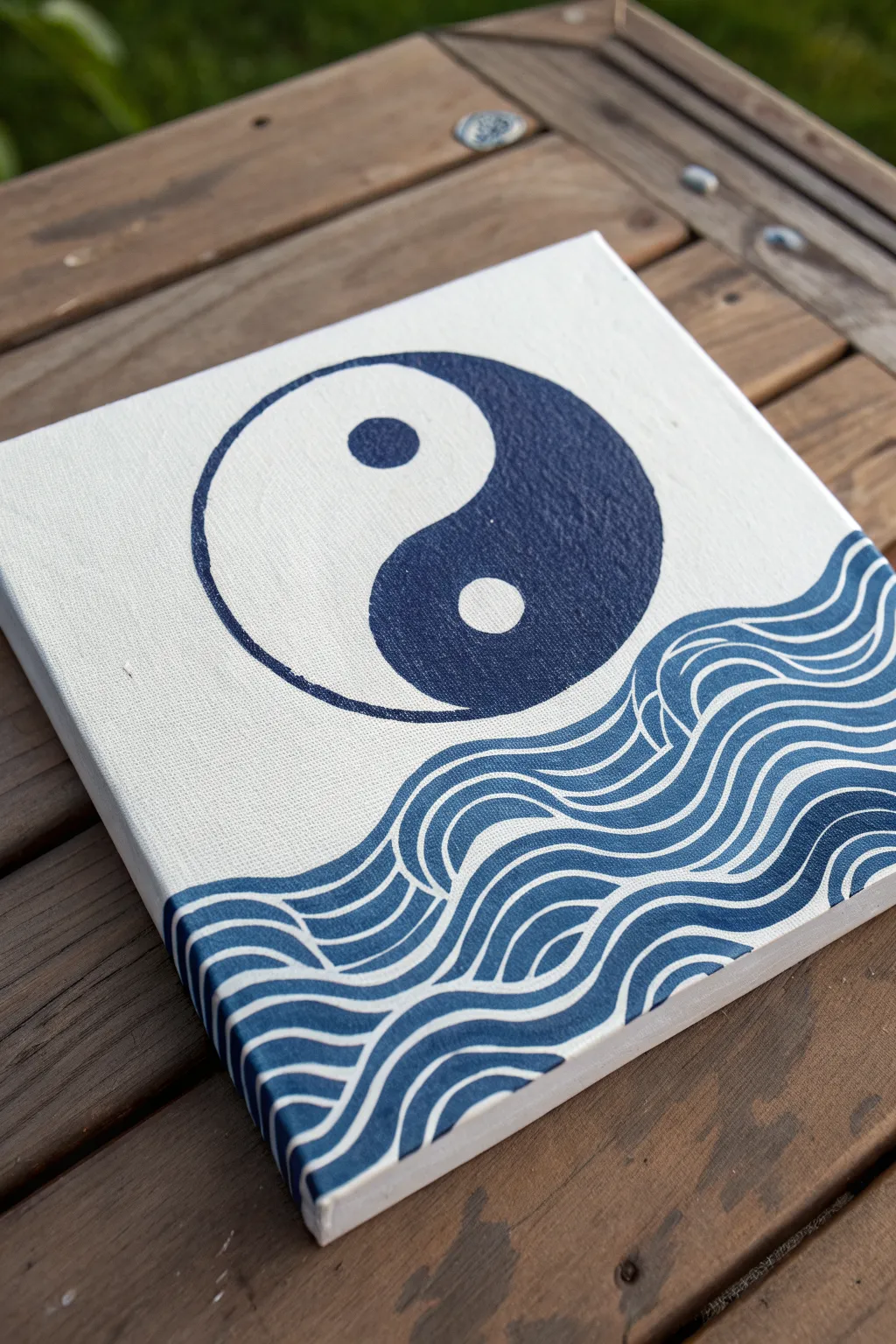 Simple yin-yang with flowing waves in a bold boho palette, perfect for an easy hippie painting