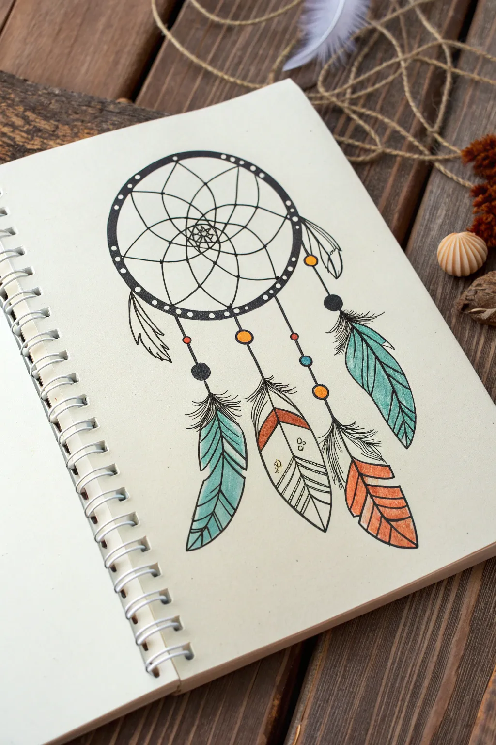 Easy boho hoop drawing idea with simple web lines, dotted details, beads, and bold feathers