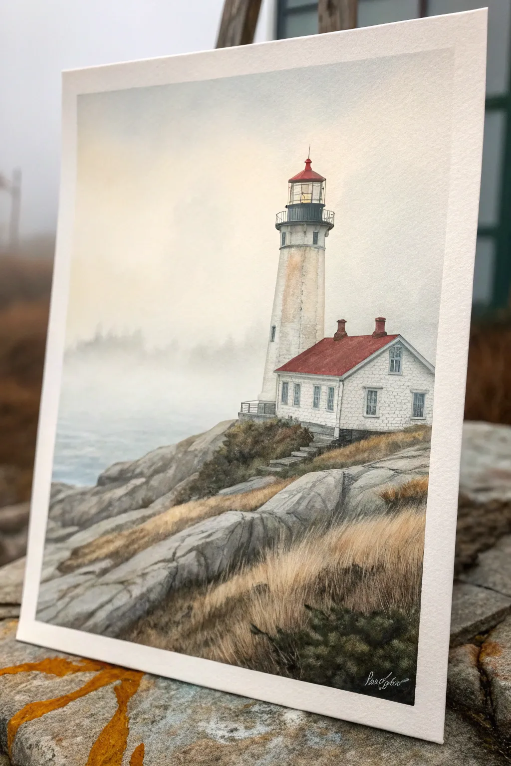 Soft foggy lighthouse painting with blended edges, muted grays, and one bold terracotta accent.