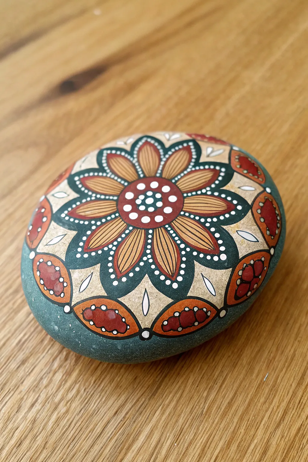 Petal mandala rock with dot clusters on warm wood, minimalist boho colors and crisp contrast