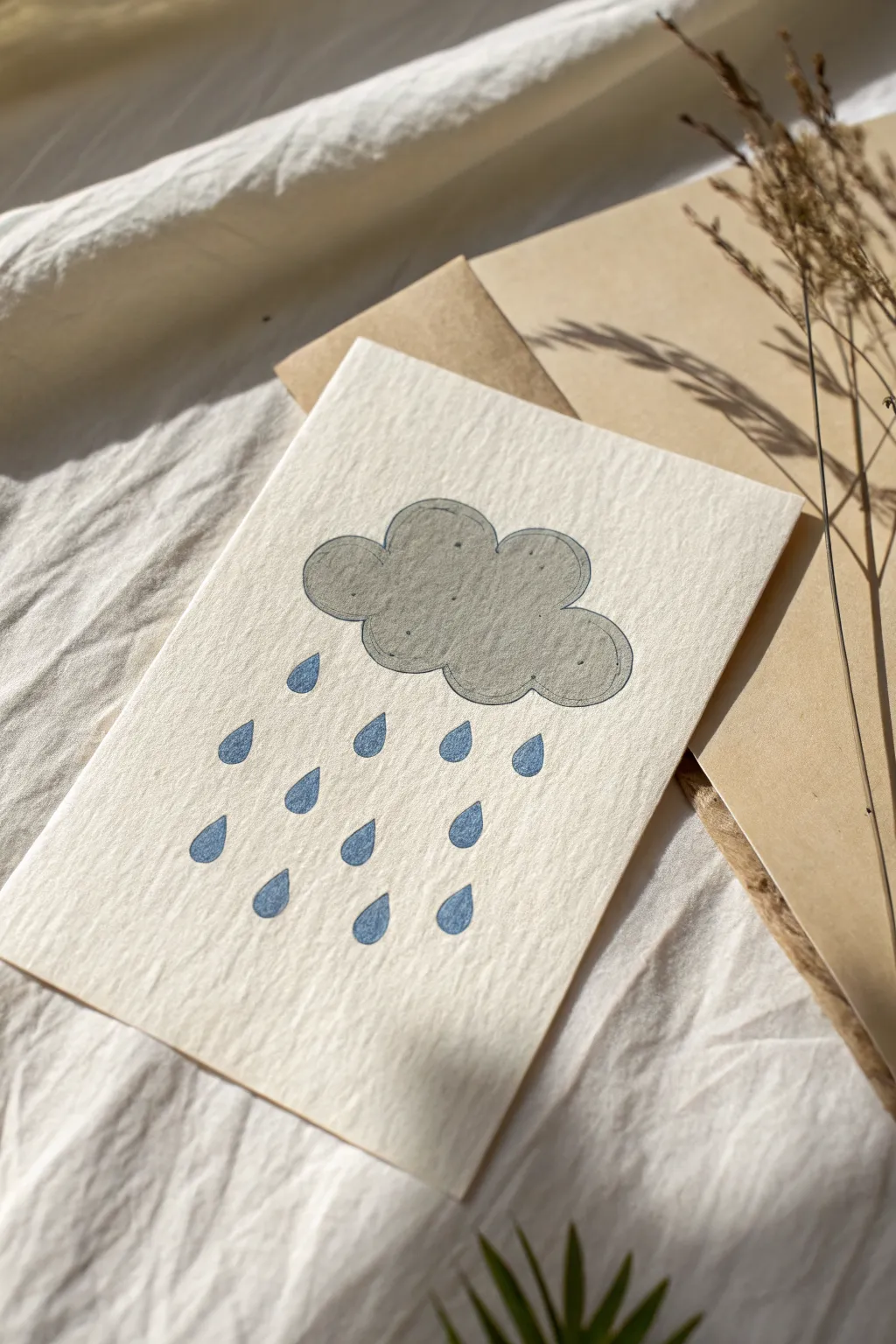 March showers doodle: a puffy rain cloud with evenly spaced raindrops, simple and calming