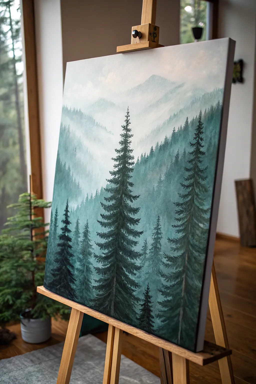 Misty pine forest layers on canvas, a dreamy high-contrast oil painting idea with Nordic boho vibes