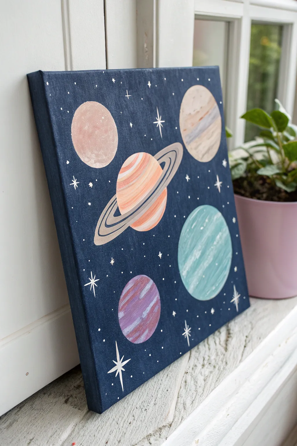 Simple pastel planets on a deep indigo night sky for an easy, aesthetic painting idea