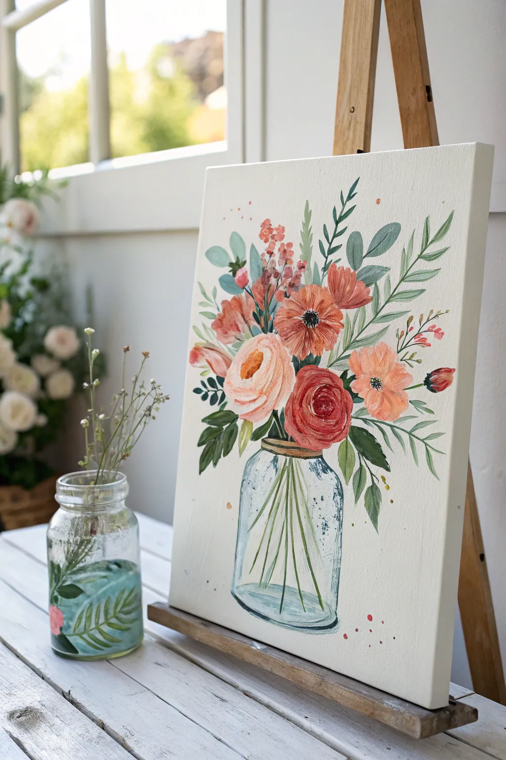 Loose florals in a glass jar bouquet, relaxed brushstrokes with bold pops for an airy kitchen vibe