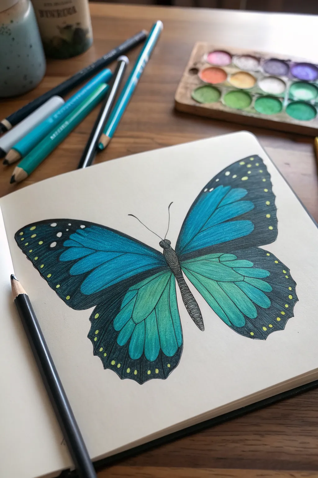 Patterned butterfly wings in calming blue to green pencils, a simple drawing idea to copy.