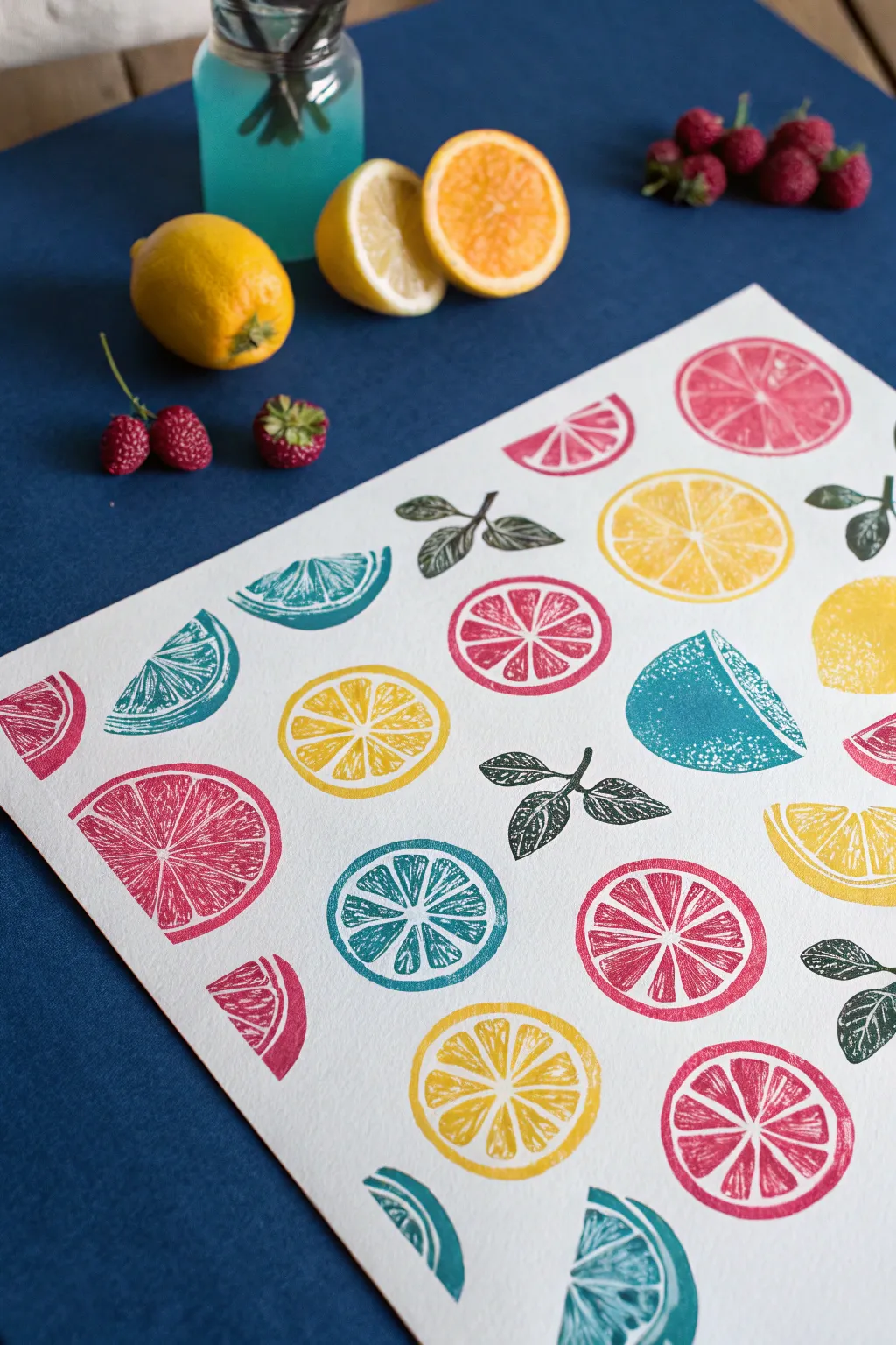 Fruit stamping pop art pattern with bold repeats, thick outlines, and a striking flat background color