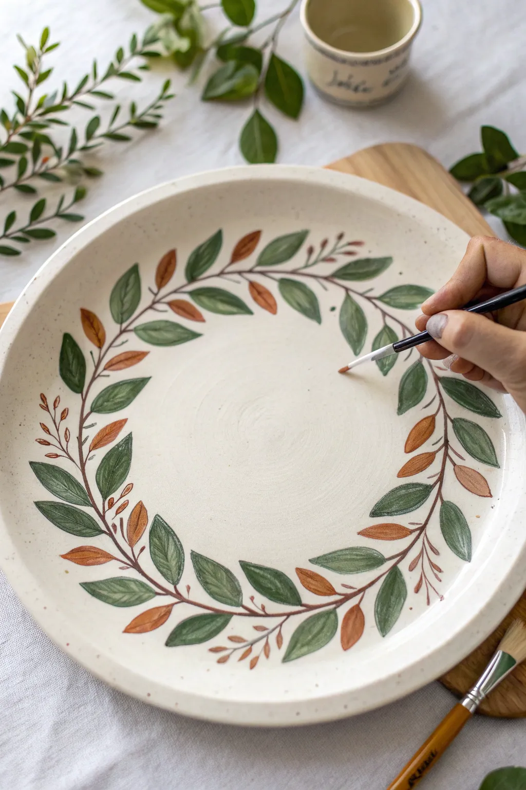 Easy leafy sprig border on a ceramic platter, simple strokes for a fresh boho look.