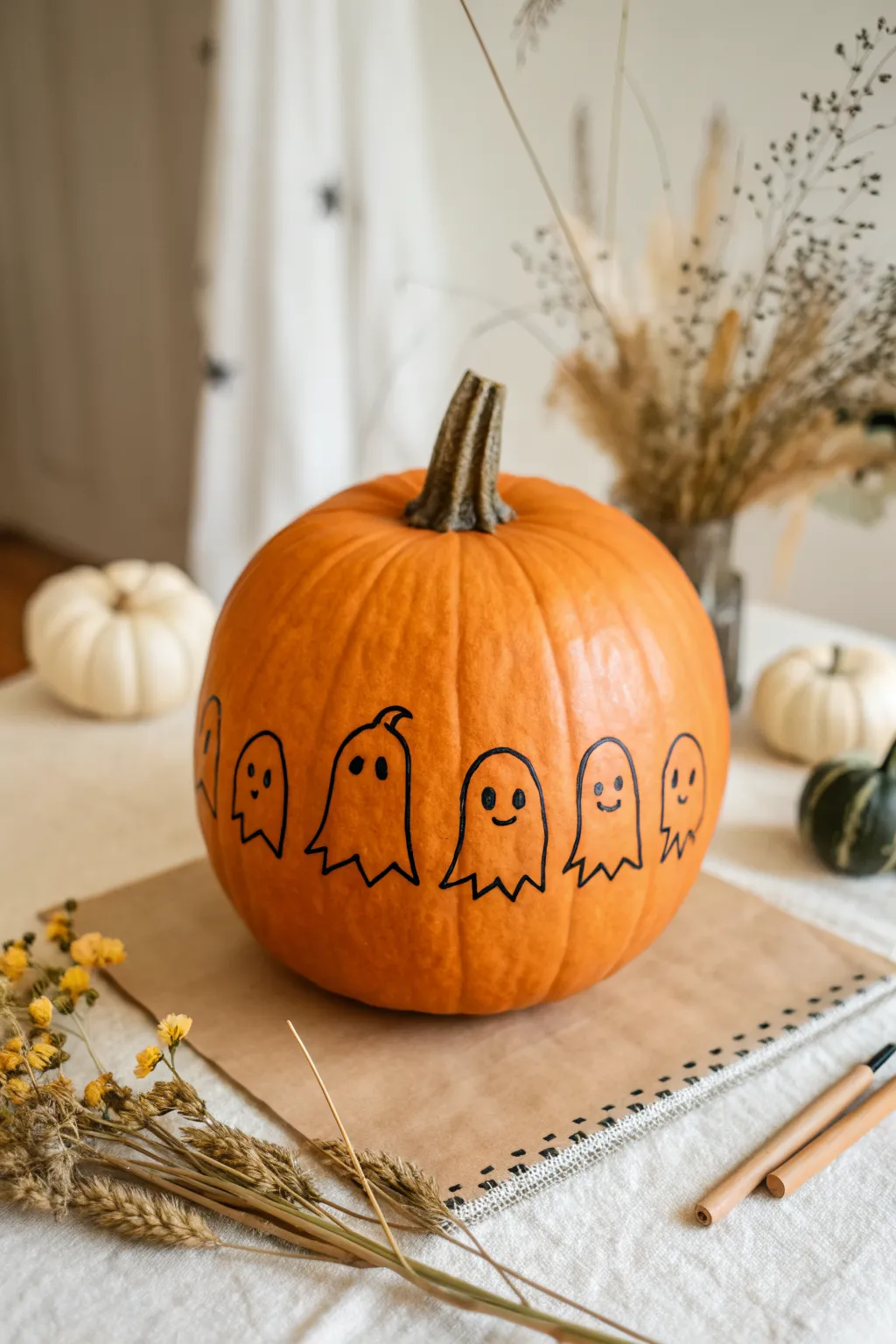 Simple ghost outline parade on a pumpkin, minimal and cute marker design for cozy fall DIY.