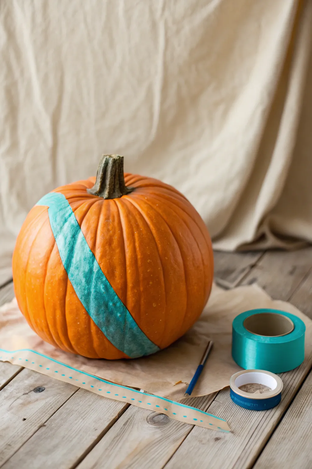 Painted tape stripes on a pumpkin make an easy, mess friendly craft kids can finish proudly