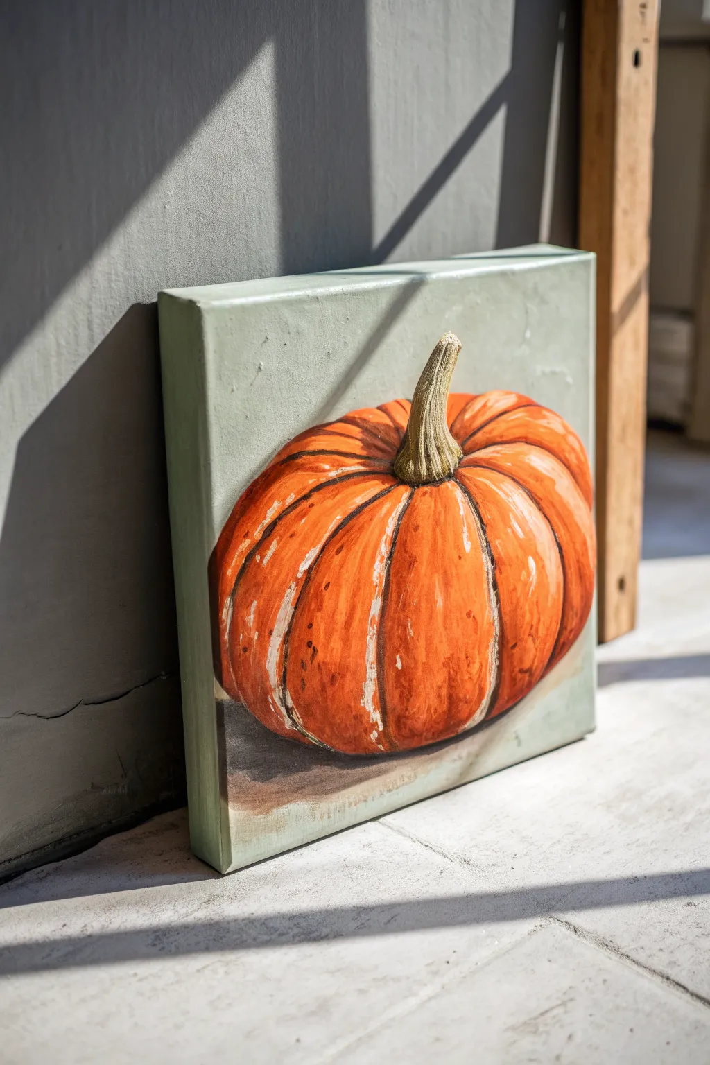 Dry-brush creamy highlights across pumpkin ridges for an instant glow on a calm, minimal canvas.