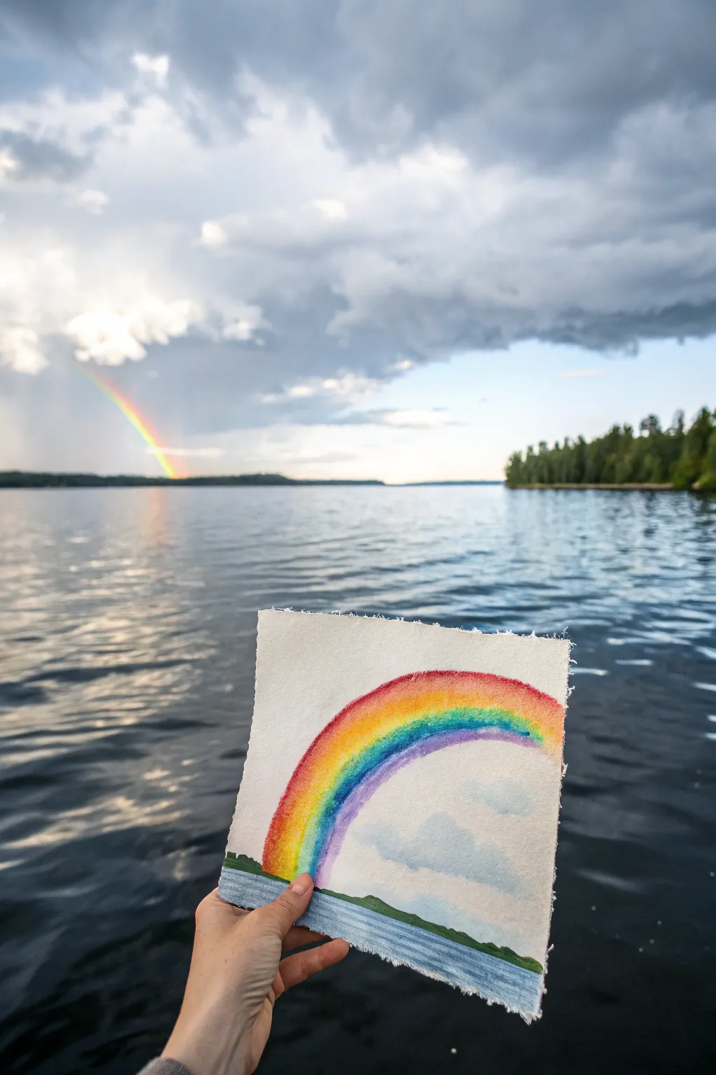 Rainbow over a calm lake with a dark, wavy reflection for bold contrast and serene minimal vibes
