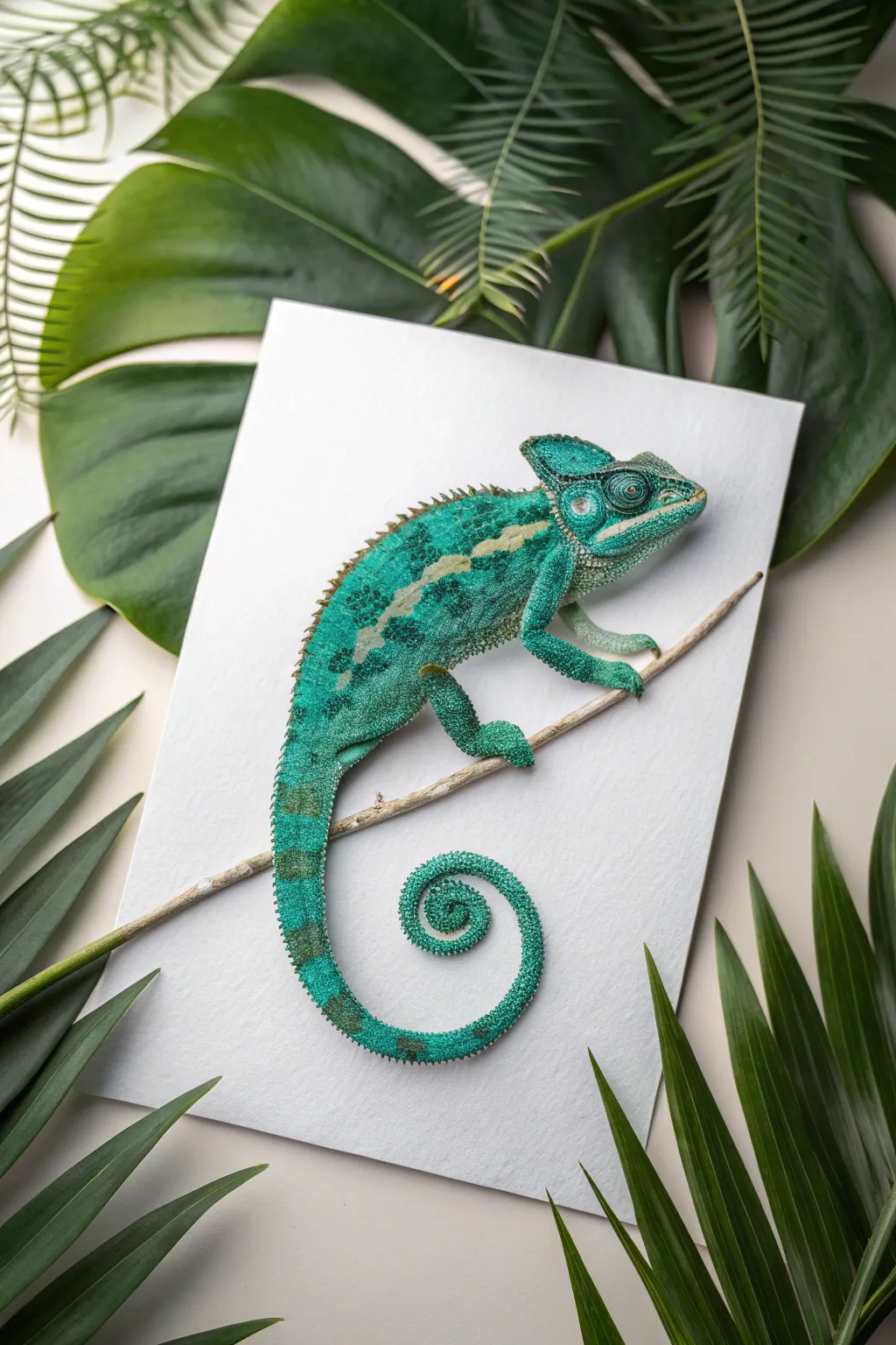 Bubble-stamped chameleon texture painting in bold teals and greens for easy rainforest art