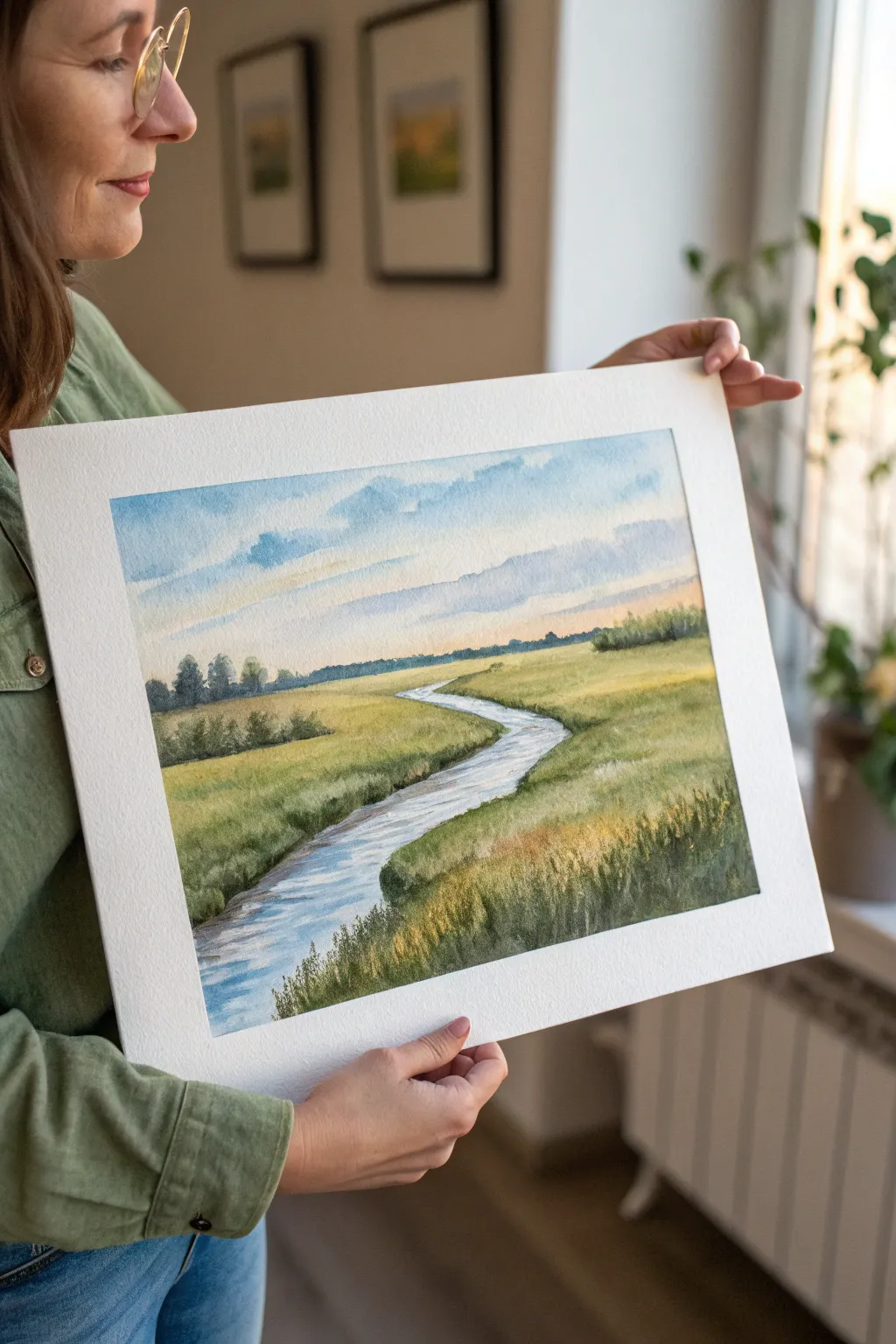 Easy river bend meadow painting idea with bold color blocks, soft edges, and calm Nordic-boho vibe