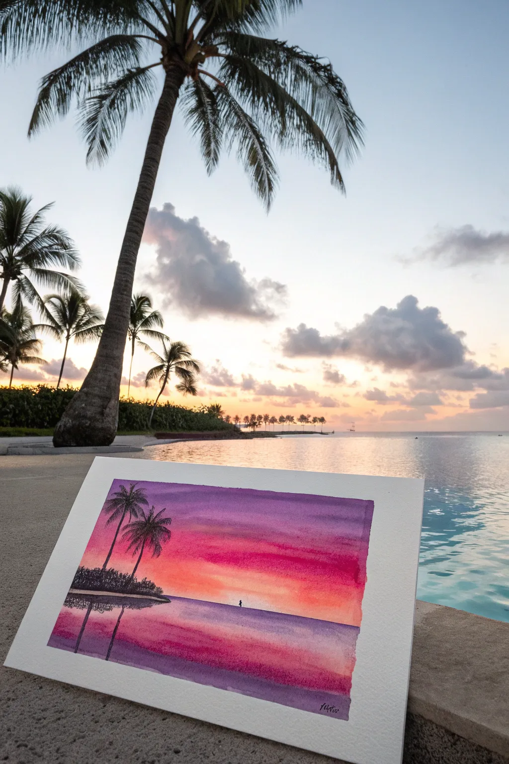 Ocean reflection with shadow palms, bold sunset gradient, minimalist boho painting inspiration