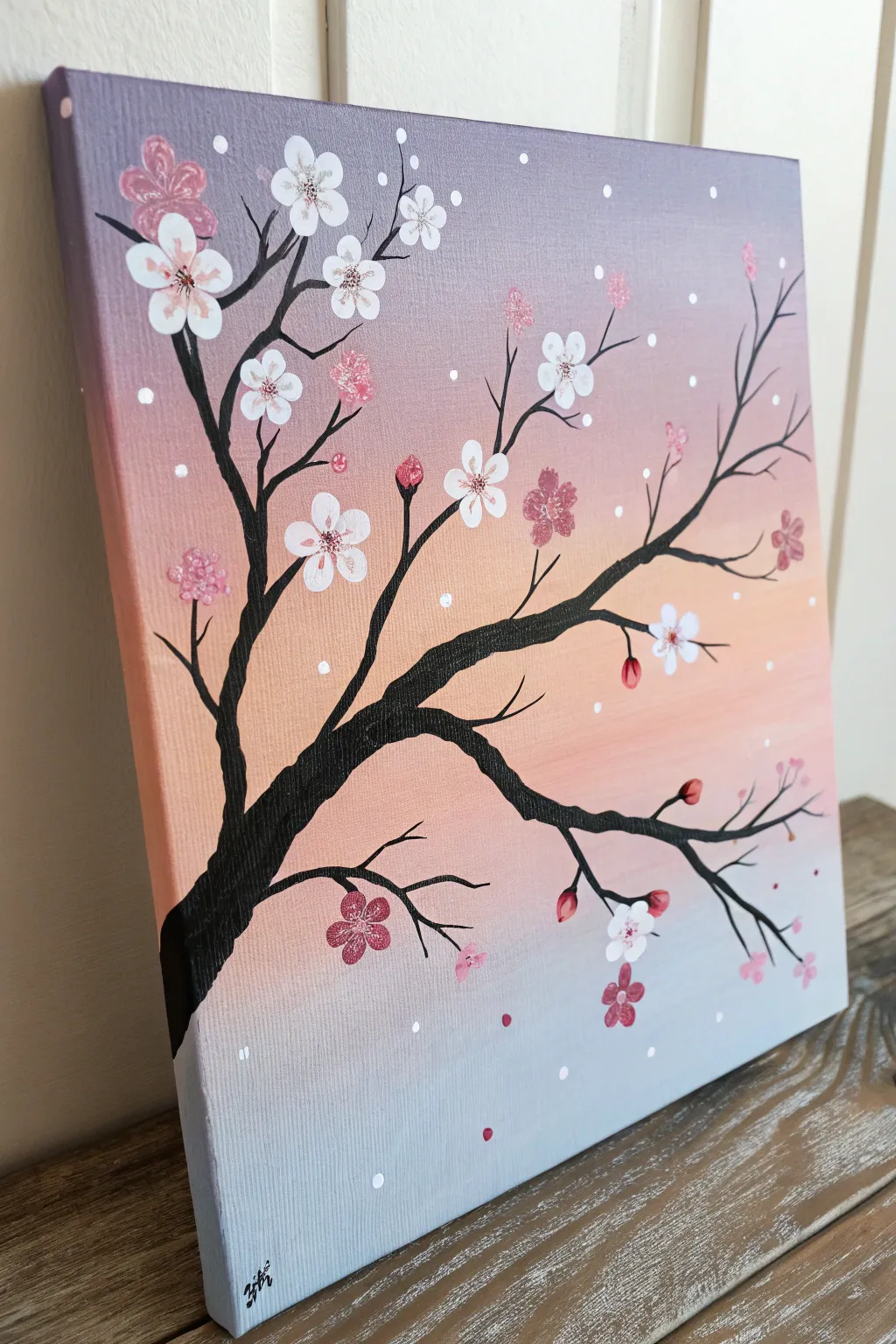 Easy cherry blossom branch silhouette on a pastel sky, minimalist and high-contrast.