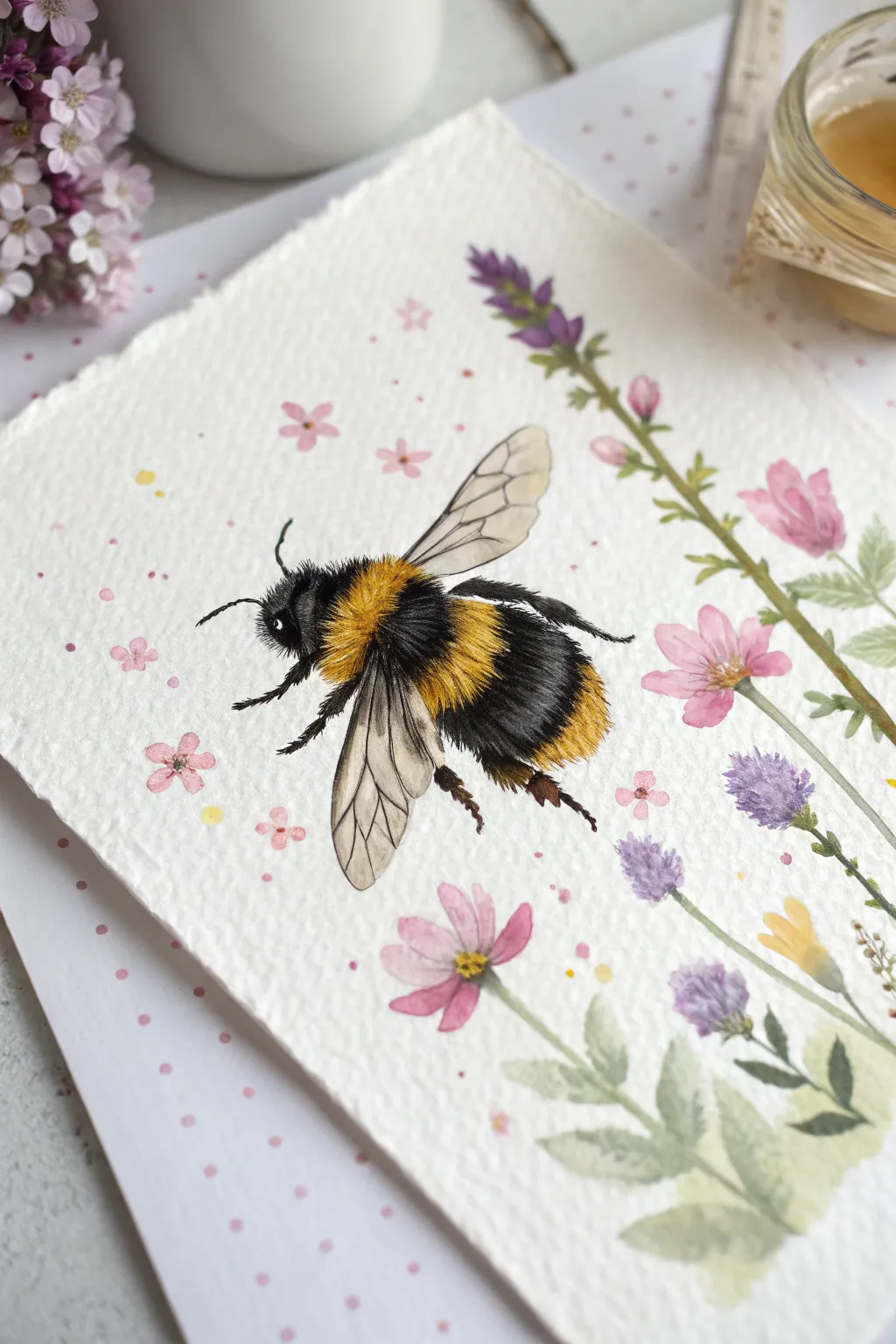 Paint a fuzzy bumblebee hovering over tiny spring blooms for an instant bright, happy garden vibe.