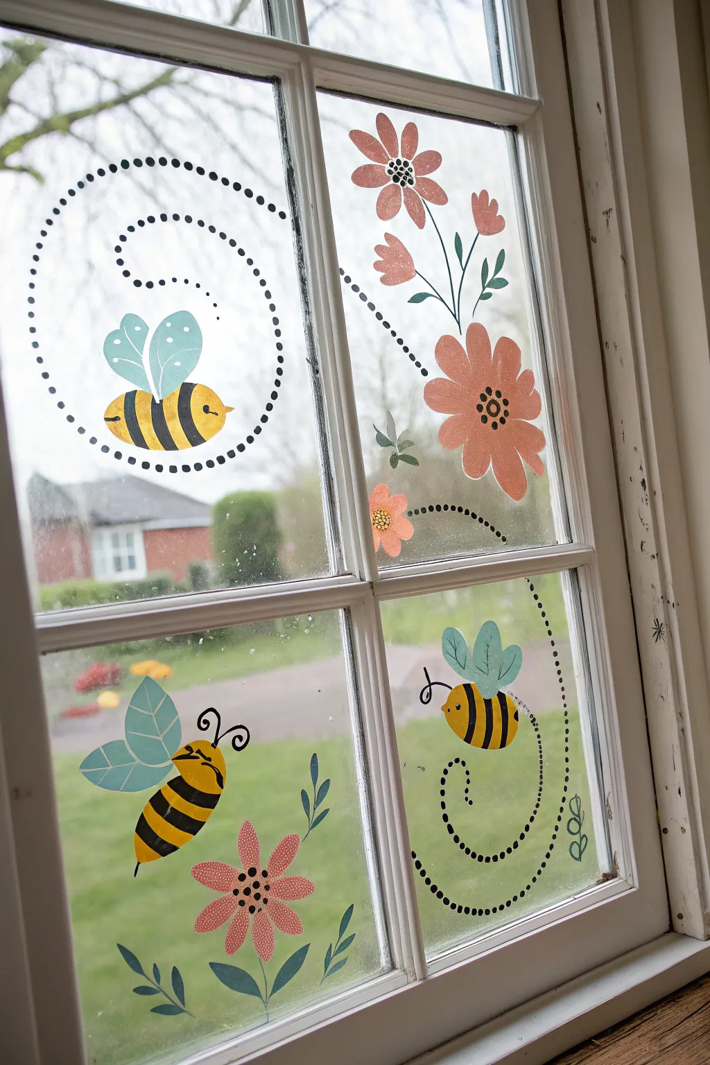Spring window art: playful bees with dotted flight trails and fresh boho florals.