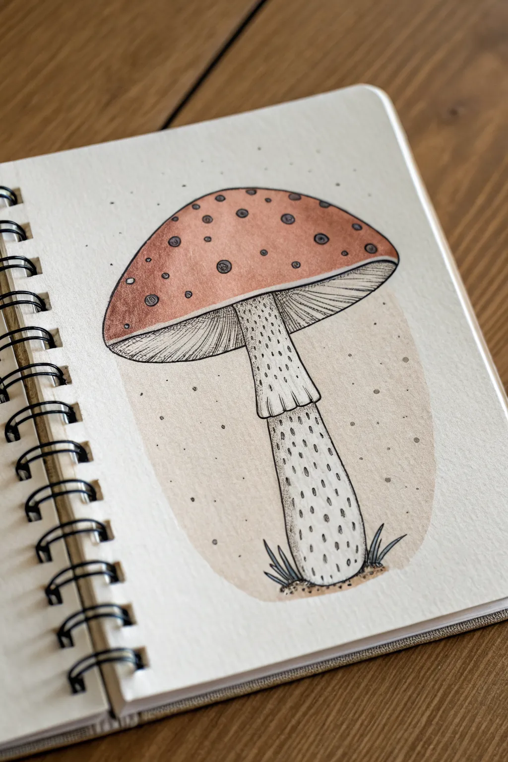 Mushroom cap stippling shading: dense dots underneath, light speckles on top for beginners.