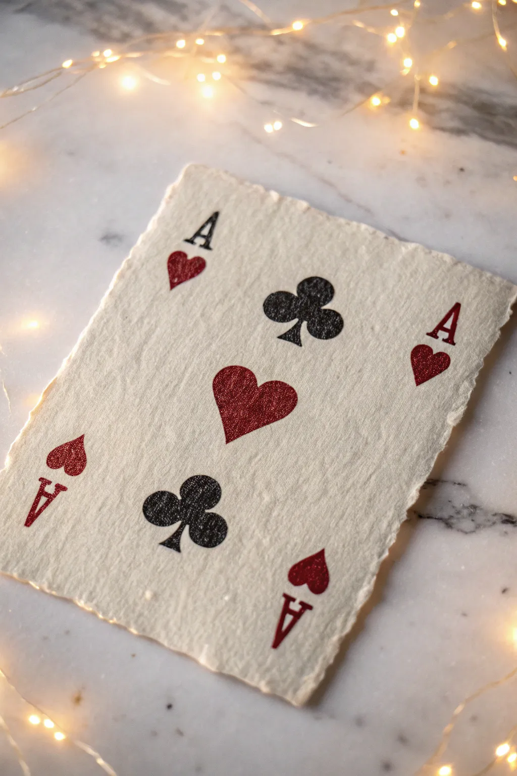 Clean playing card suit tattoo icons in a crisp grid, bold black and deep crimson on paper