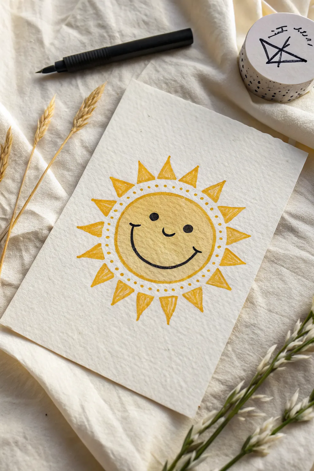 Happy sun doodle kids can copy: simple face, thick outline, and alternating easy rays