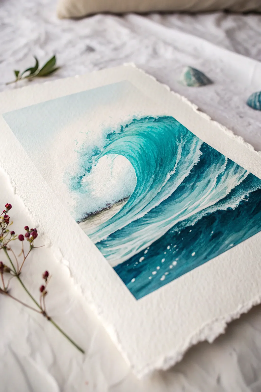 Beginner tropical wave: teal-to-blue curl with crisp white foam marks on clean paper.