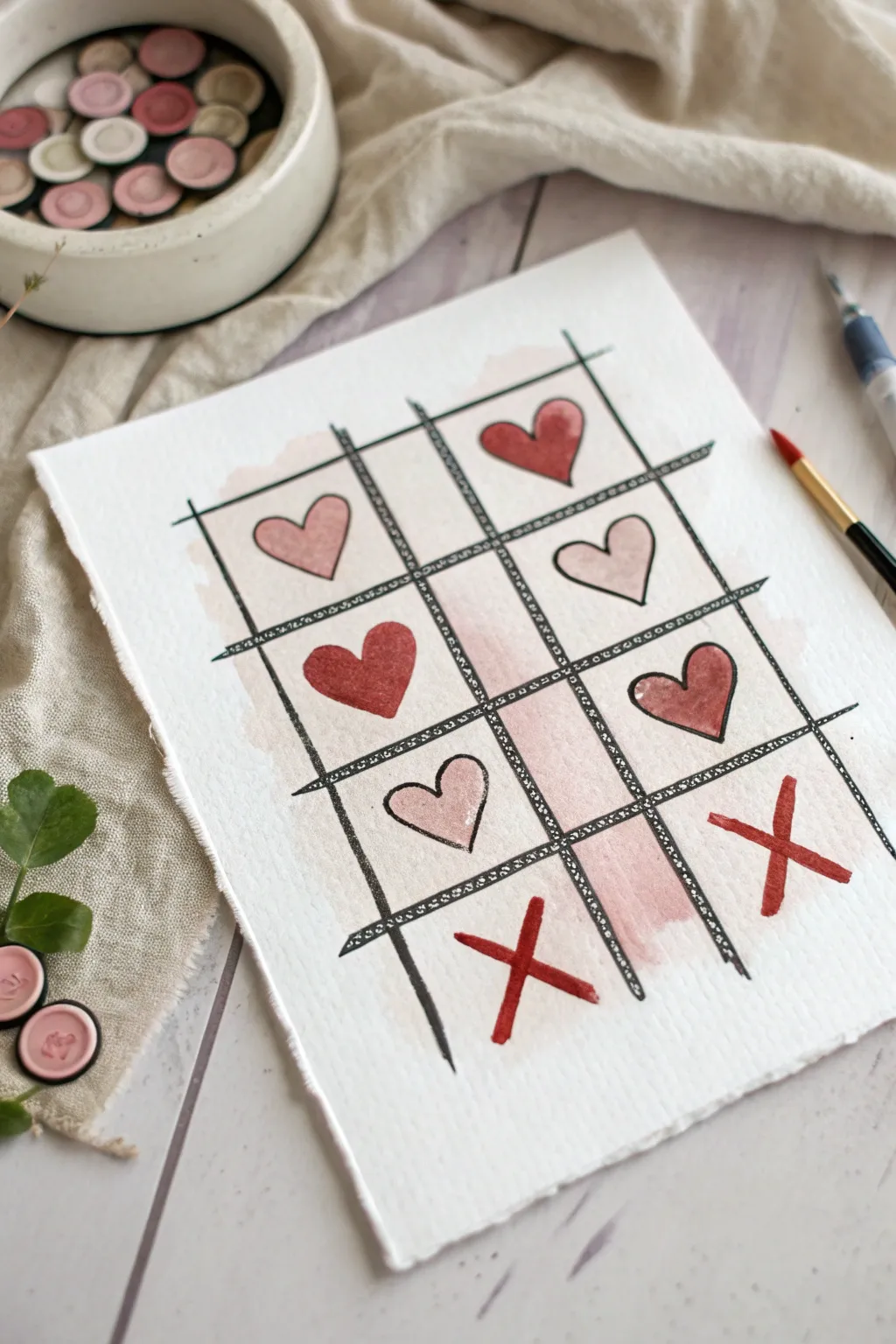 Minimal tic-tac-toe hearts and Xs painting in bold Valentine colors, clean and decor-ready