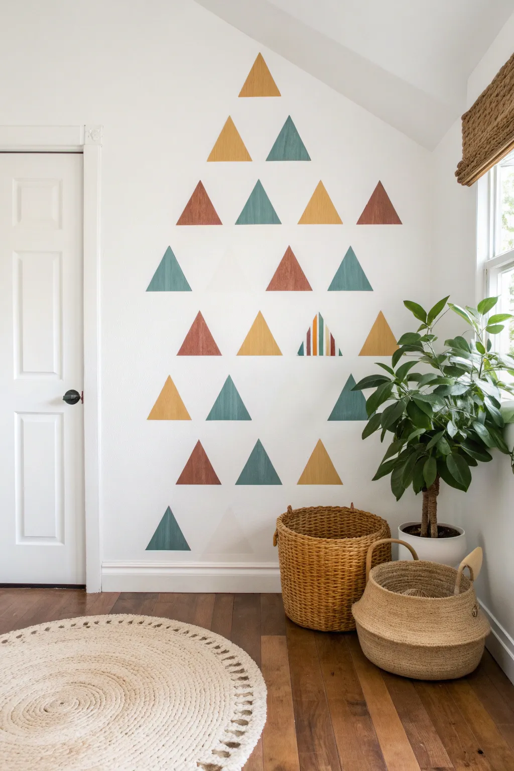 Airy triangle scatter mural in bold boho hues, perfect for an easy minimalist wall refresh.
