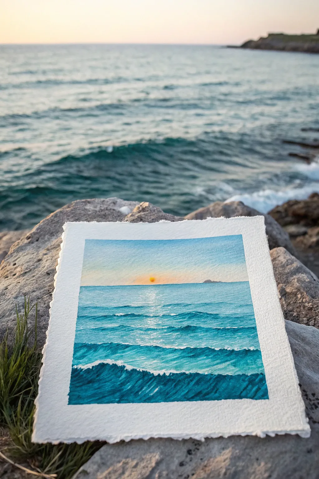 Easy watercolor seascape: bold teal ocean bands, crisp horizon, and a tiny sun glow.