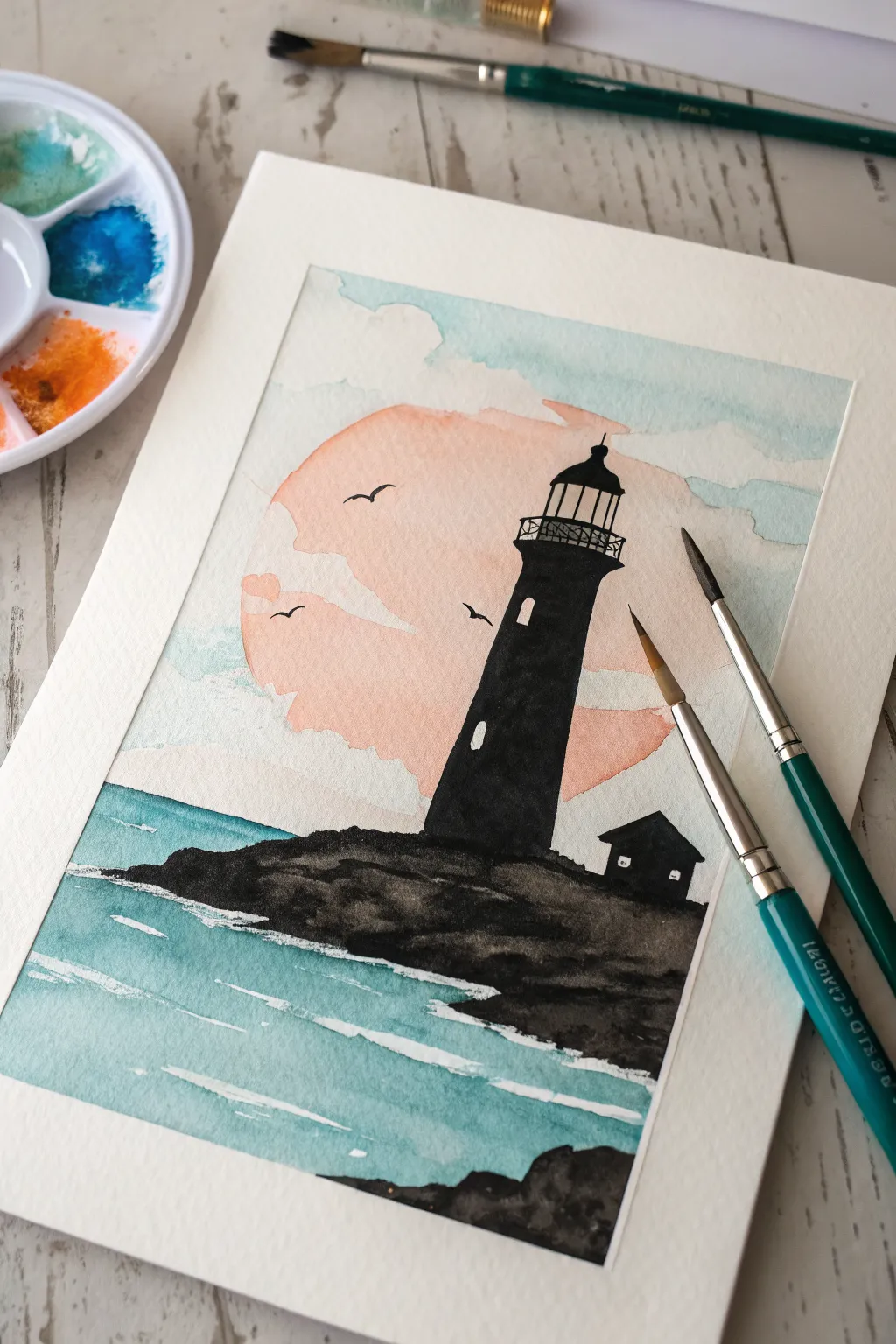 Simple lighthouse silhouette watercolor idea with bold contrast and calming coastal wash to copy