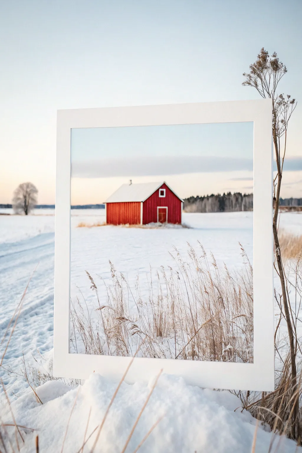 Minimal winter barn painting: bold red pop against soft snow and a pale Scandinavian sky