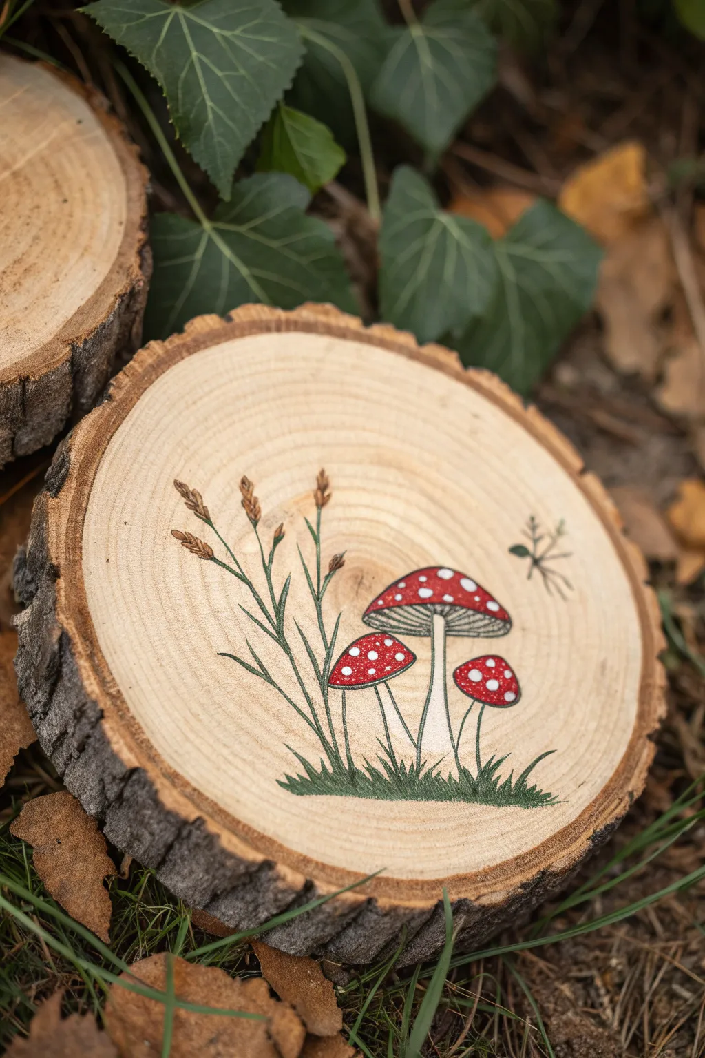Paint tiny mushrooms on a wood slice for a sweet mini woodland scene, simple and charming.