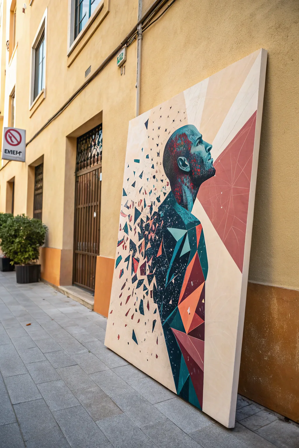 Paint a figure that fractures into bold shards for a minimalist, high-contrast edgy statement