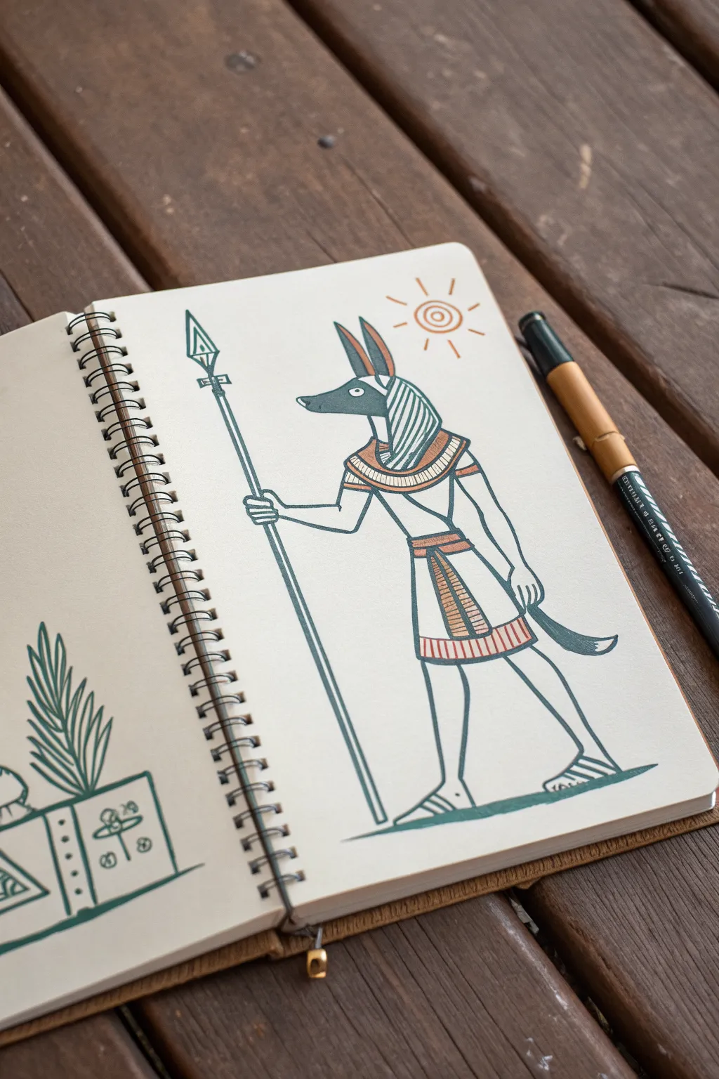 Minimal Anubis guardian pose drawing idea with staff and ankh, bold ink and earthy accents.