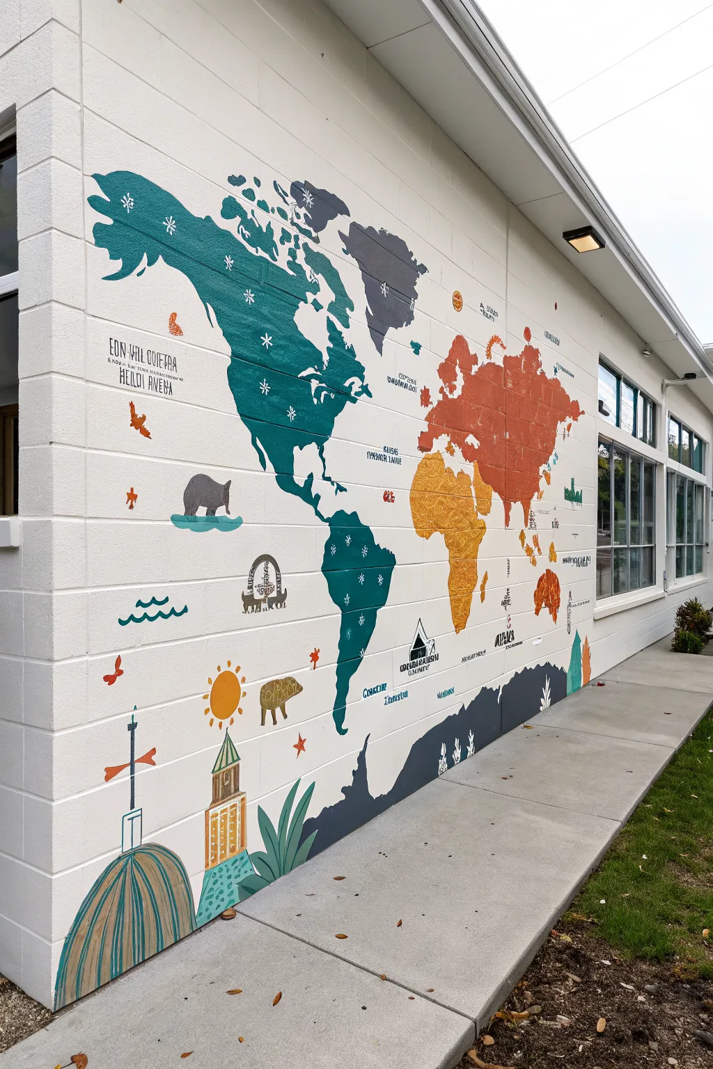 Bright world map mural with cute animal landmarks for kid-friendly hallway learning moments