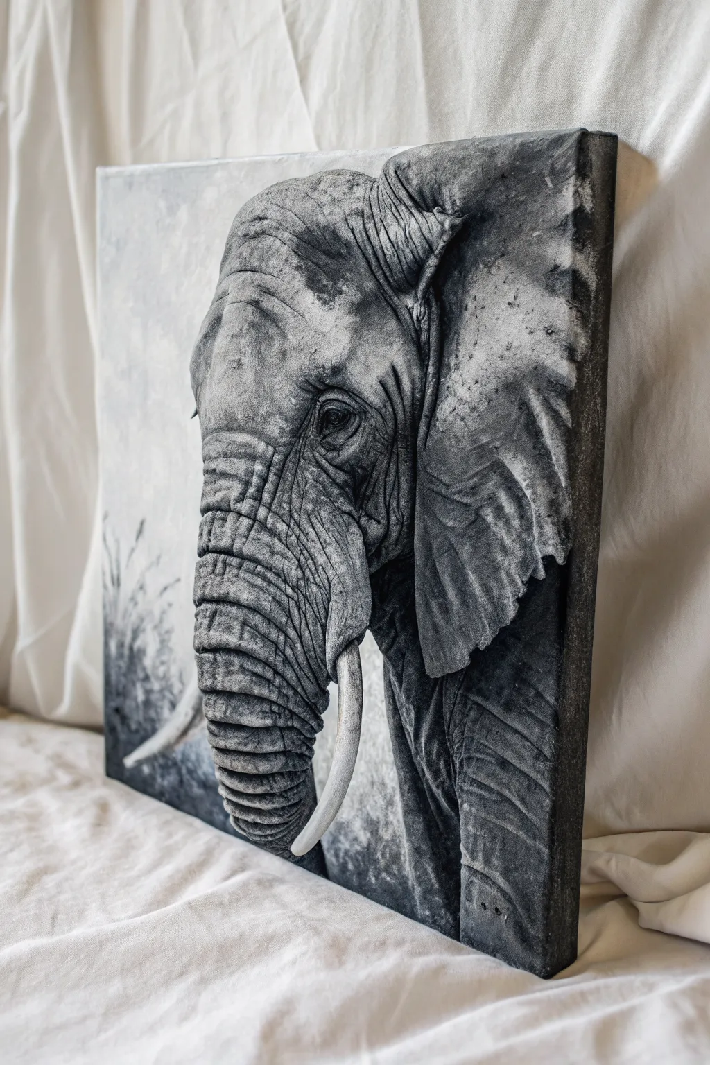 Grayscale elephant trunk impasto with palette knife ridges, sharp highlights, and bold contrast