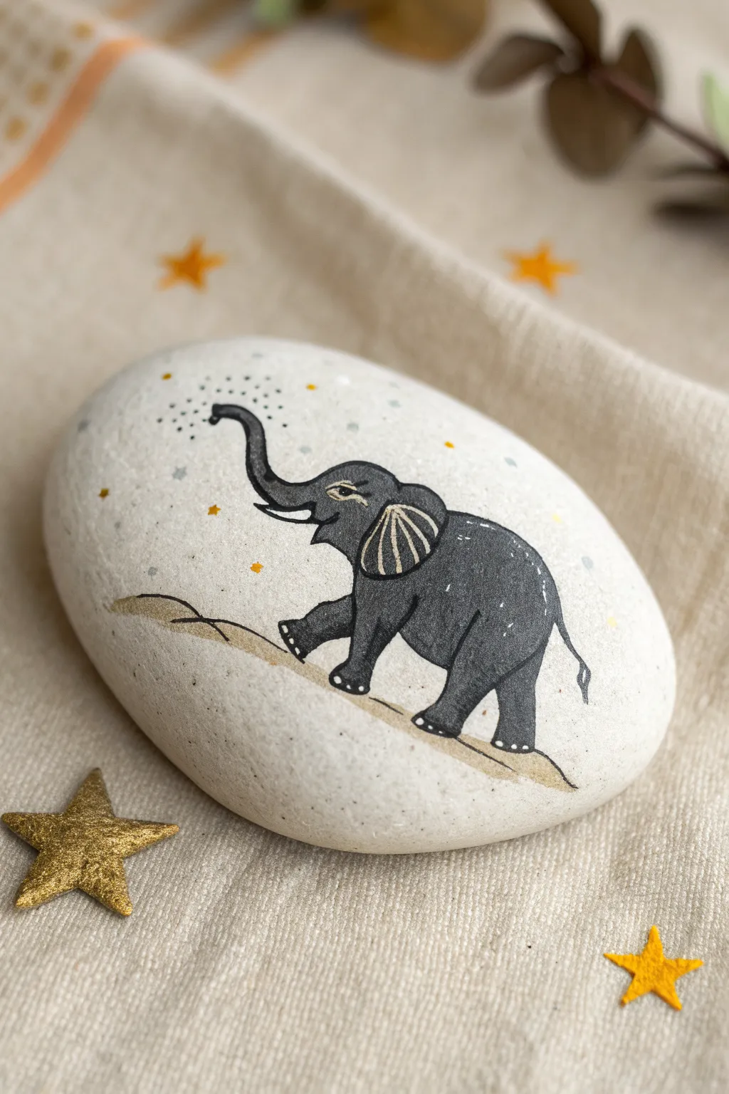 Trunk-up elephant rock painting with tiny stars, minimalist boho charm and bold contrast