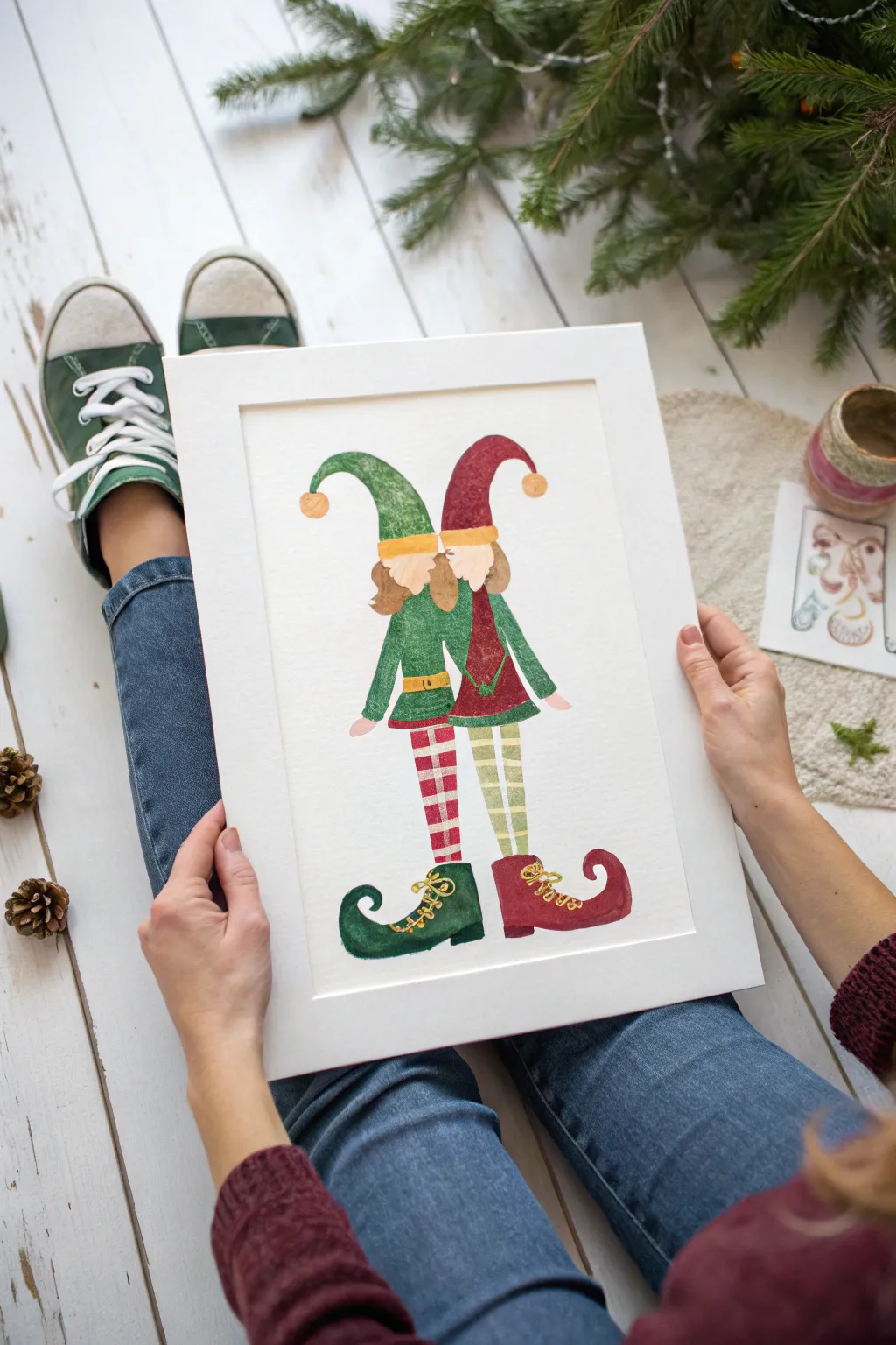 Sweet elf couple painting idea: matching curled shoes, bold holiday colors, minimalist charm.